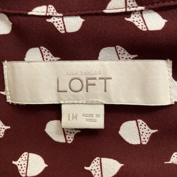 Ann Taylor LOFT Acorn Print Button Down Shirt Cranberry, Size Long Torso, Medium - Picture 4 of 14